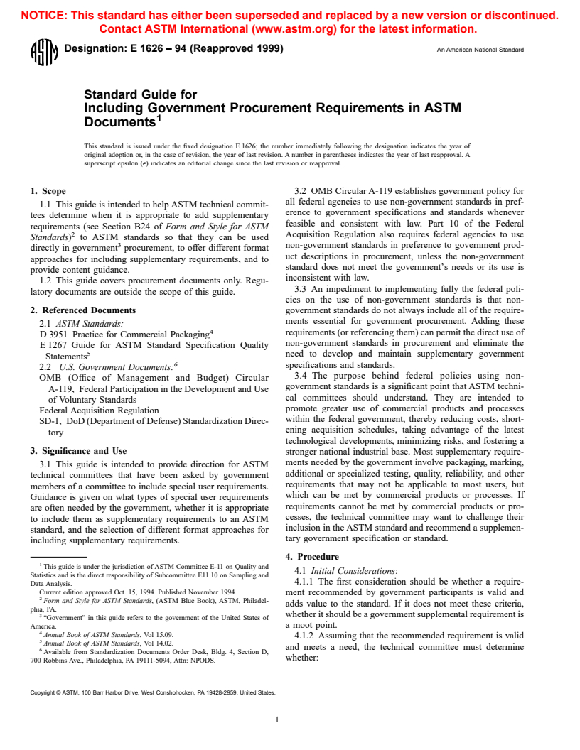 ASTM E1626-94(1999) - Standard Guide for Including Government Procurement Requirements in ASTM Documents