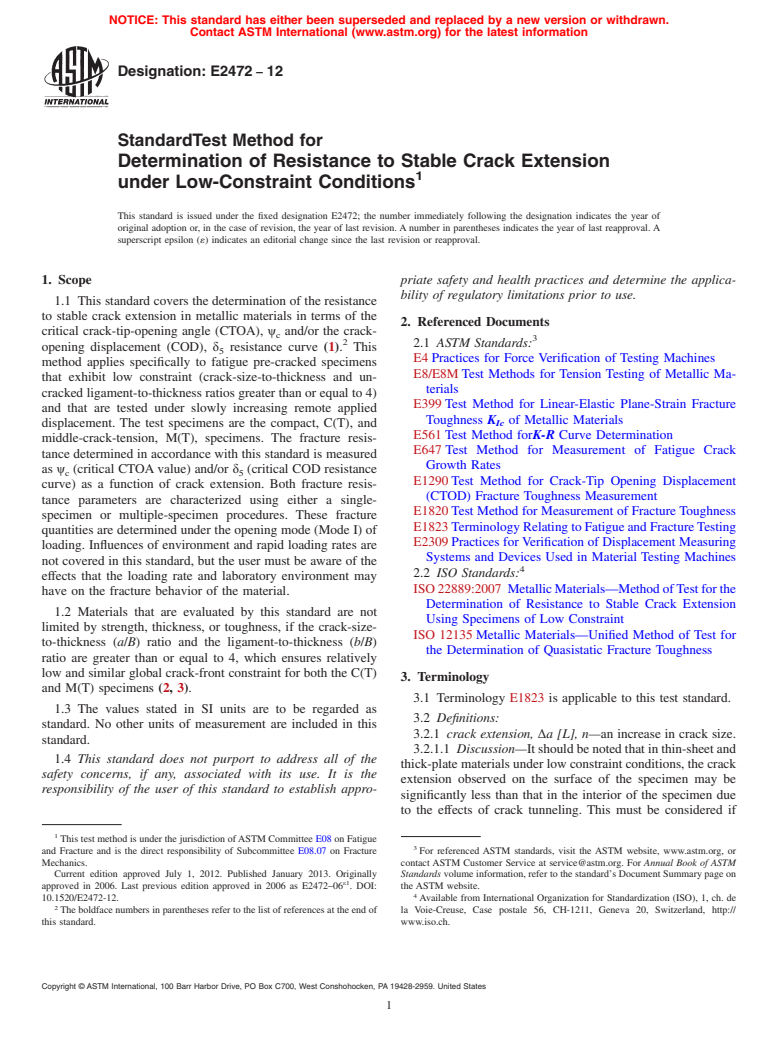 ASTM E2472-12 - Standard Test Method for Determination of Resistance to Stable Crack Extension under Low-Constraint Conditions