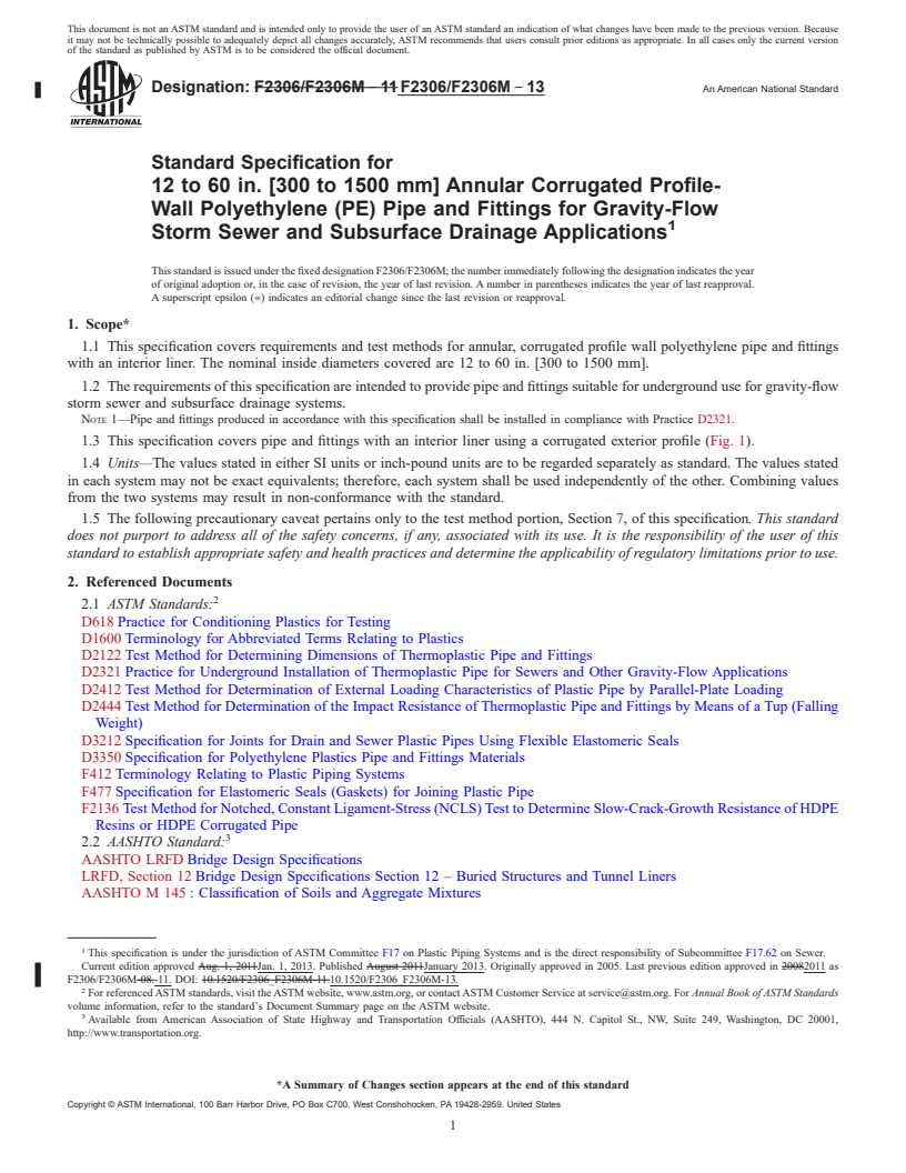 REDLINE ASTM F2306/F2306M-13 - Standard Specification for 12 to 60 in. [300 to 1500 mm] Annular Corrugated Profile-Wall Polyethylene (PE) Pipe and Fittings for Gravity-Flow Storm Sewer and Subsurface Drainage Applications