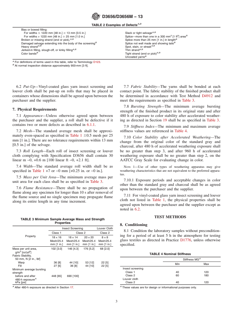 ASTM D3656/D3656M-13 - Standard Specification for Insect Screening and Louver Cloth Woven from<brk/>Vinyl-Coated  Glass Yarns