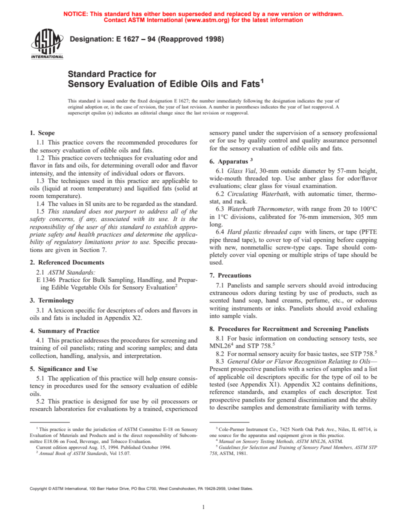 ASTM E1627-94(1998) - Standard Practice for Sensory Evaluation of Edible Oils and Fats