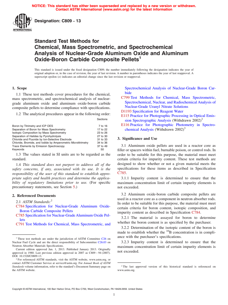 ASTM C809-13 - Standard Test Methods for  Chemical, Mass Spectrometric, and Spectrochemical Analysis  of Nuclear-Grade Aluminum Oxide and Aluminum<brk/>Oxide-Boron Carbide  Composite Pellets