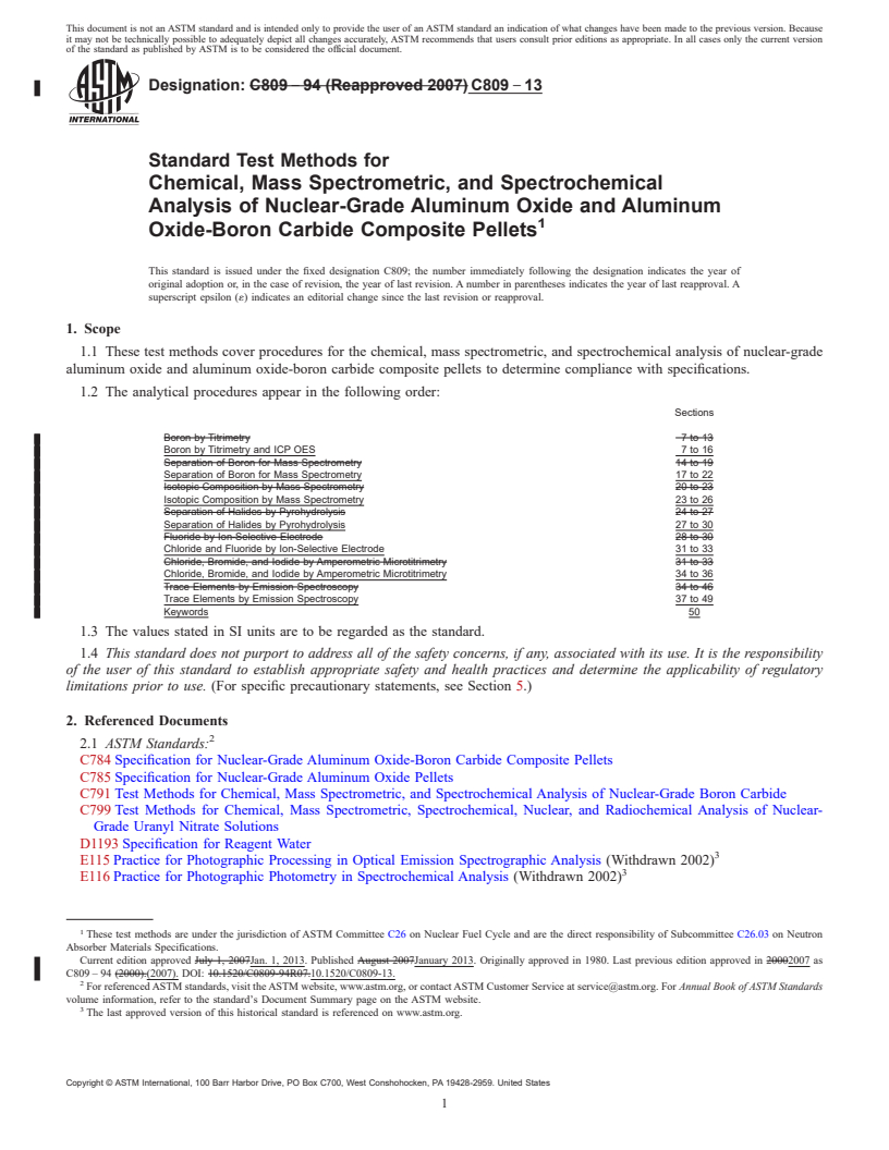 REDLINE ASTM C809-13 - Standard Test Methods for  Chemical, Mass Spectrometric, and Spectrochemical Analysis  of Nuclear-Grade Aluminum Oxide and Aluminum<brk/>Oxide-Boron Carbide  Composite Pellets