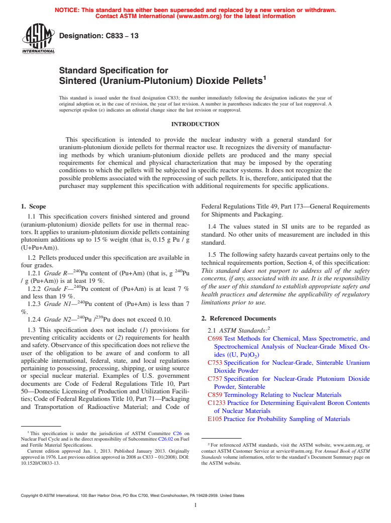 ASTM C833-13 - Standard Specification for Sintered (Uranium-Plutonium) Dioxide Pellets