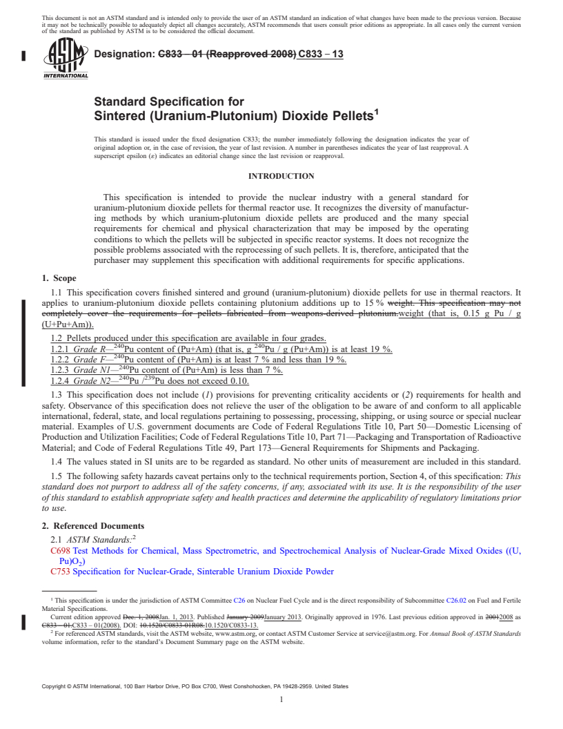 REDLINE ASTM C833-13 - Standard Specification for Sintered (Uranium-Plutonium) Dioxide Pellets