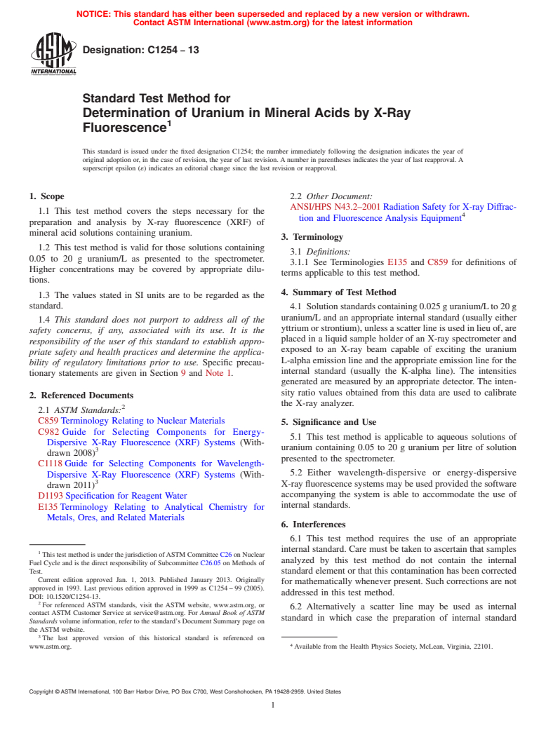 ASTM C1254-13 - Standard Test Method for  Determination of Uranium in Mineral Acids by X-Ray Fluorescence