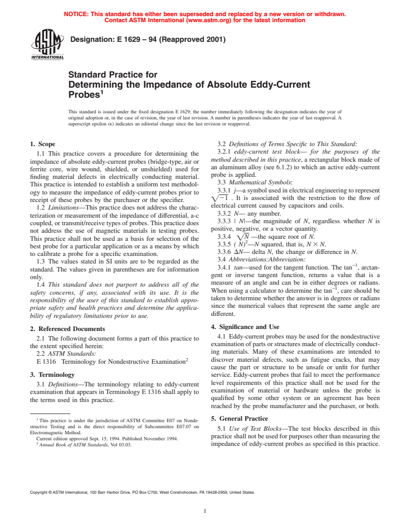 ASTM E1629-94(2001) - Standard Practice for Determining the Impedance of Absolute Eddy-Current Probes