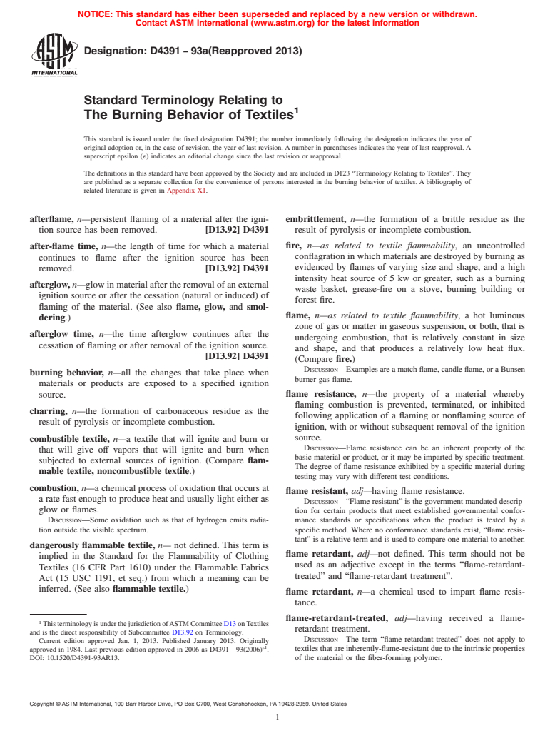 ASTM D4391-93a(2013) - Standard Terminology Relating to  The Burning Behavior of Textiles