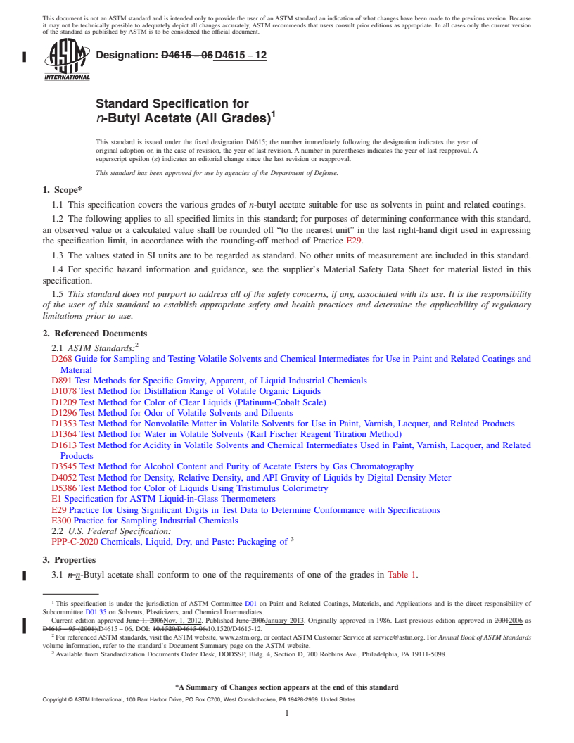 REDLINE ASTM D4615-12 - Standard Specification for n-Butyl Acetate (All Grades) (Withdrawn 2021)