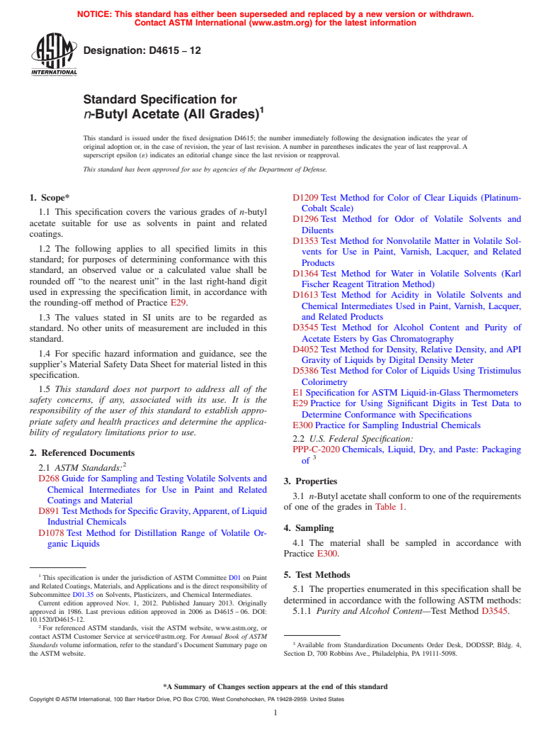 ASTM D4615-12 - Standard Specification for n-Butyl Acetate (All Grades) (Withdrawn 2021)