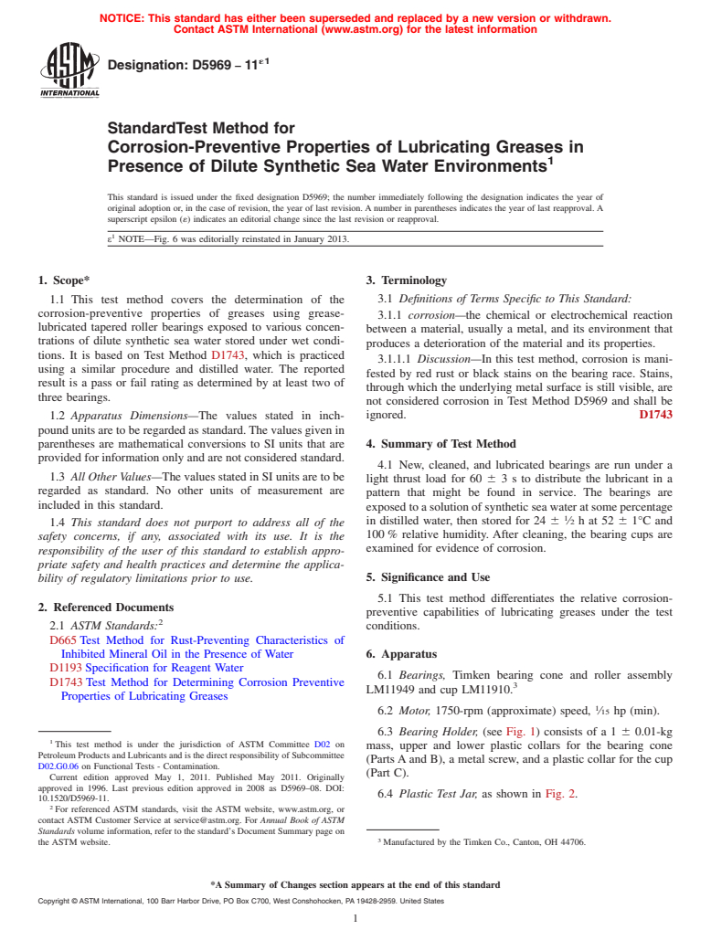 ASTM D5969-11e1 - Standard Test Method for Corrosion-Preventive Properties of Lubricating Greases in Presence of Dilute Synthetic Sea Water Environments