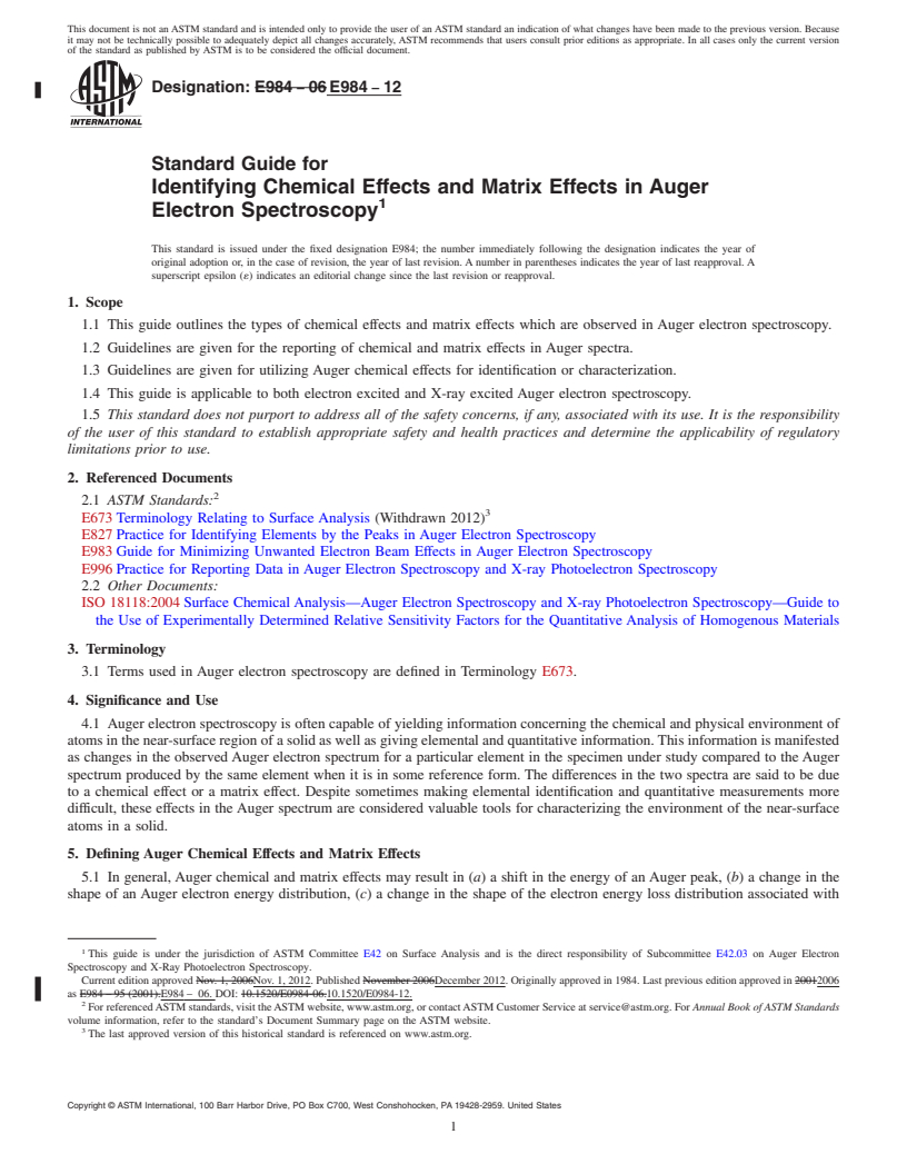 REDLINE ASTM E984-12 - Standard Guide for  Identifying Chemical Effects and Matrix Effects in Auger Electron  Spectroscopy