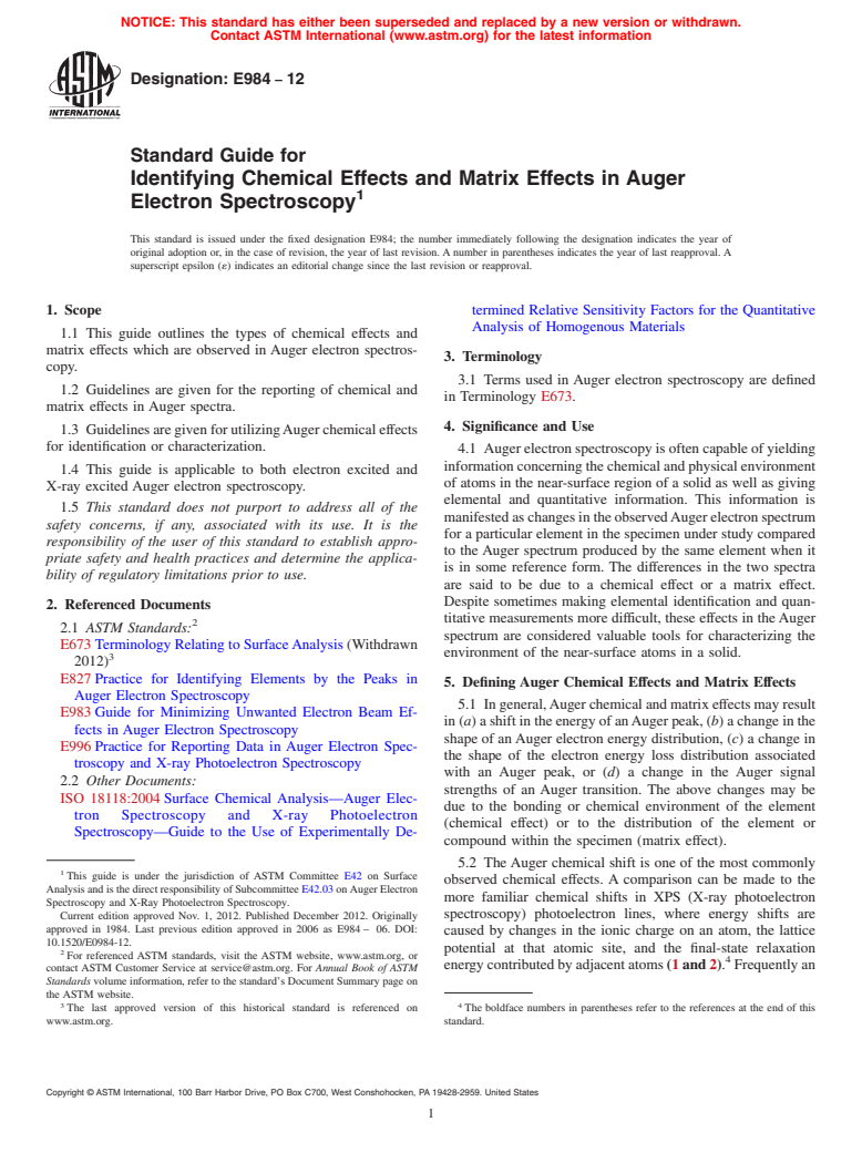 ASTM E984-12 - Standard Guide for  Identifying Chemical Effects and Matrix Effects in Auger Electron  Spectroscopy