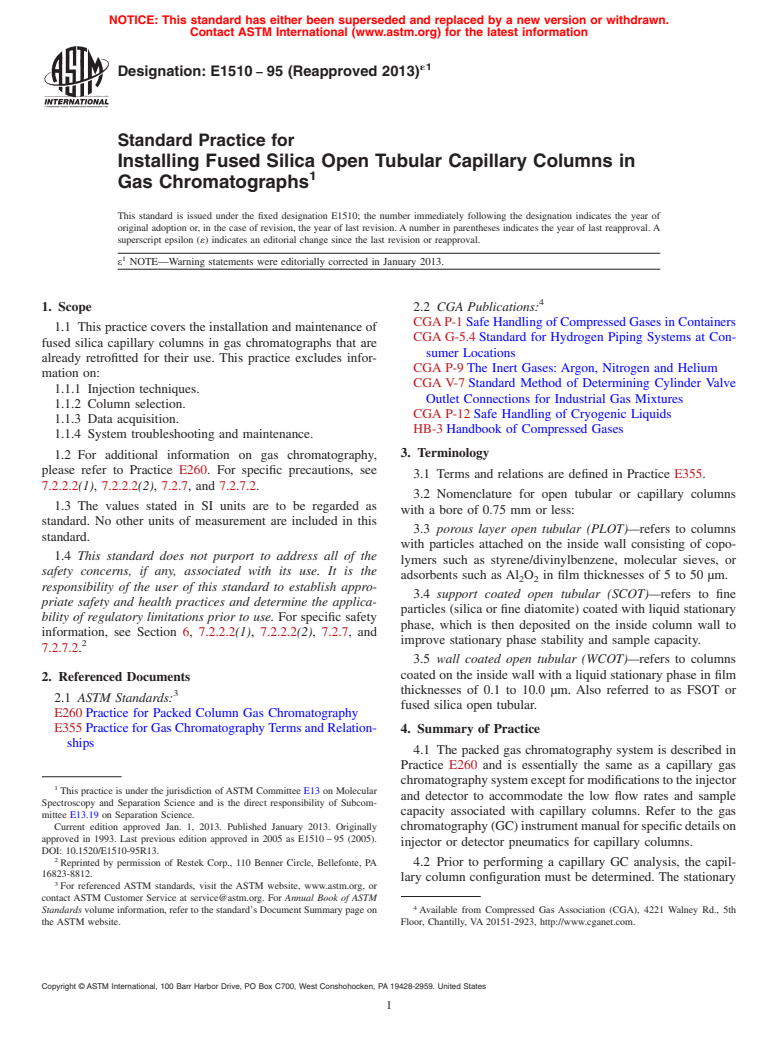 ASTM E1510-95(2013)e1 - Standard Practice for Installing Fused Silica Open Tubular Capillary Columns in Gas Chromatographs