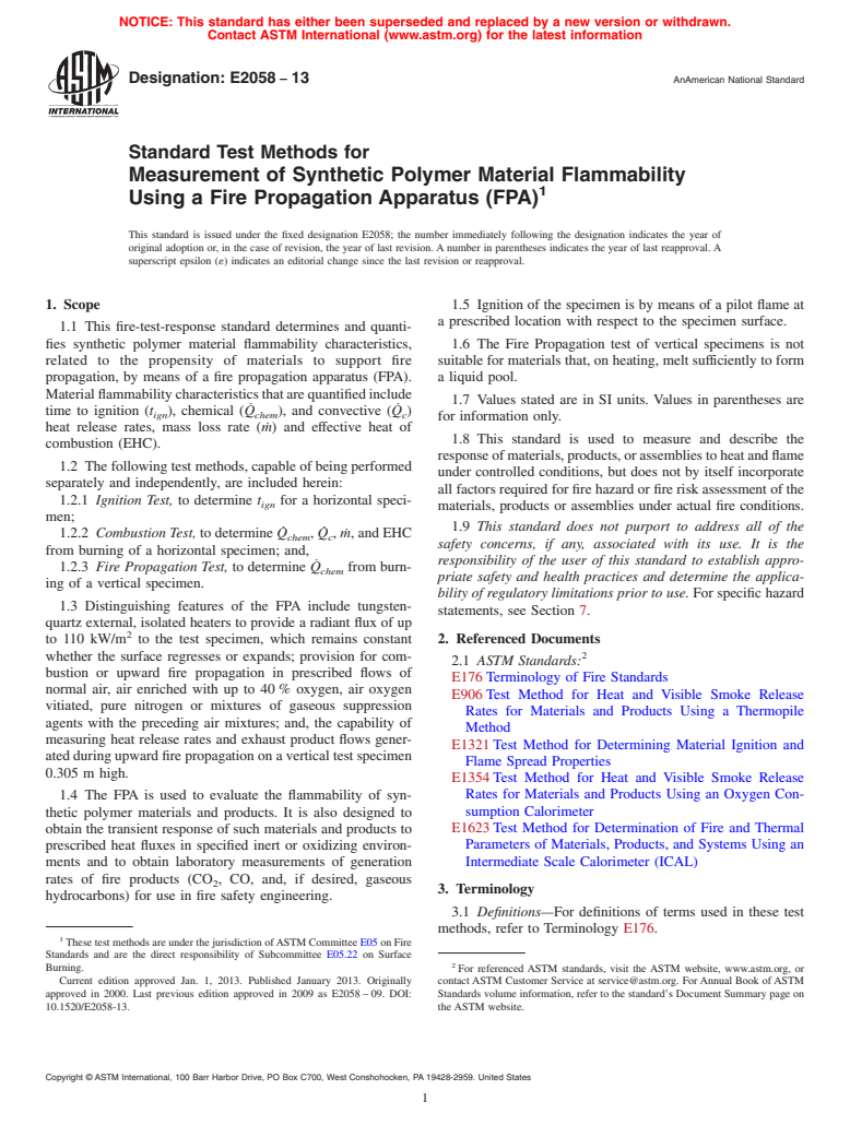 ASTM E2058-13 - Standard Test Methods for Measurement of Synthetic Polymer Material Flammability Using a Fire Propagation Apparatus (FPA)