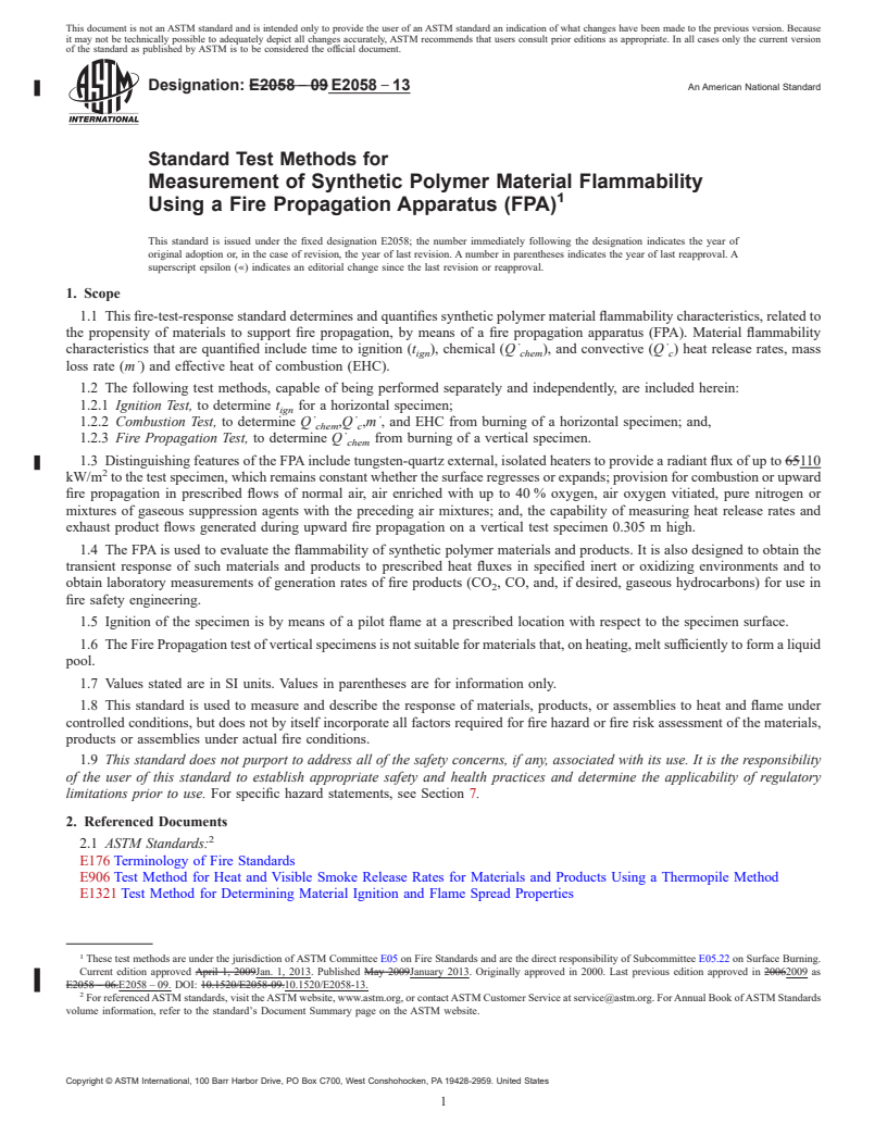 REDLINE ASTM E2058-13 - Standard Test Methods for Measurement of Synthetic Polymer Material Flammability Using a Fire Propagation Apparatus (FPA)