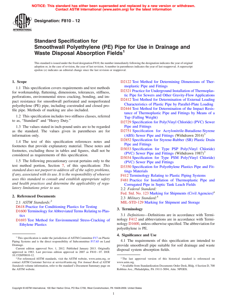 ASTM F810-12 - Standard Specification for Smoothwall Polyethylene (PE) Pipe for Use in Drainage and Waste Disposal Absorption Fields