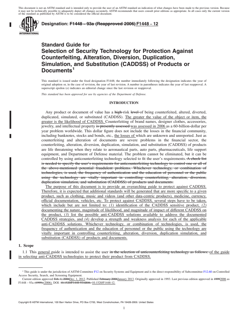 REDLINE ASTM F1448-12 - Standard Guide for  Selection of Security Technology for Protection Against Counterfeiting,  Alteration, Diversion, Duplication, Simulation, and Substitution (CADDSS)  of Products or Documents