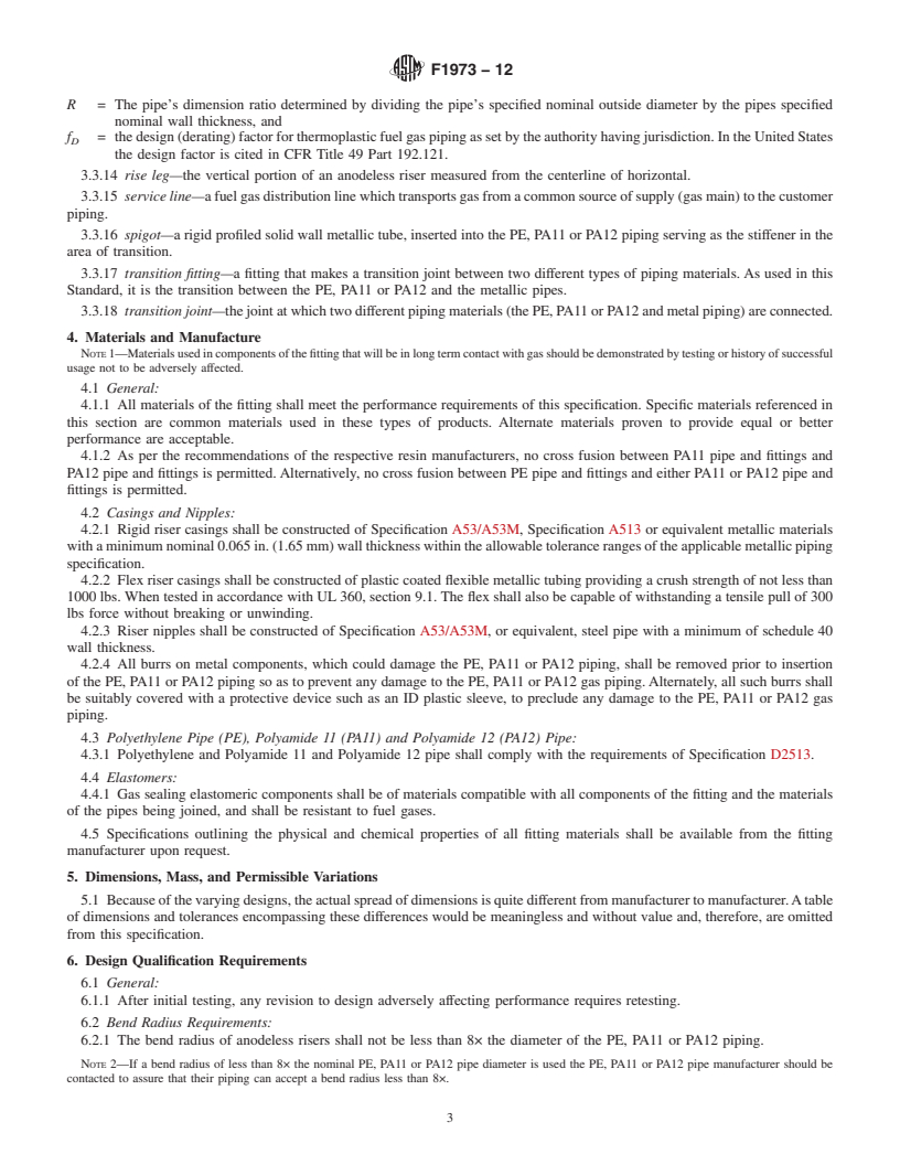 REDLINE ASTM F1973-12 - Standard Specification for  Factory Assembled Anodeless Risers and Transition Fittings  in Polyethylene  (PE) and Polyamide 11 (PA11) and Polyamide 12 (PA12)  Fuel Gas Distribution Systems