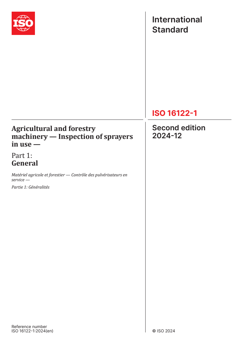 ISO 16122-1:2024 - Agricultural and forestry machinery — Inspection of sprayers in use — Part 1: General
Released:12/19/2024