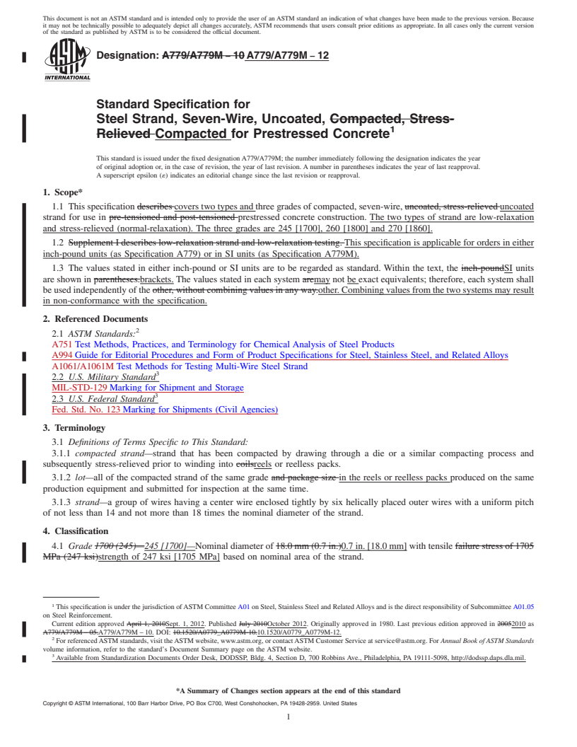 REDLINE ASTM A779/A779M-12 - Standard Specification for  Steel Strand, Seven-Wire, Uncoated, Compacted for Prestressed  Concrete