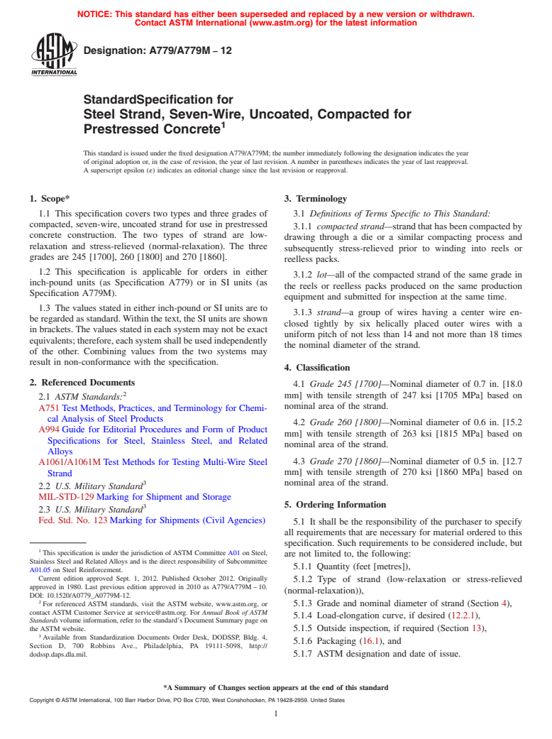 ASTM A779/A779M-12 - Standard Specification for  Steel Strand, Seven-Wire, Uncoated, Compacted for Prestressed  Concrete