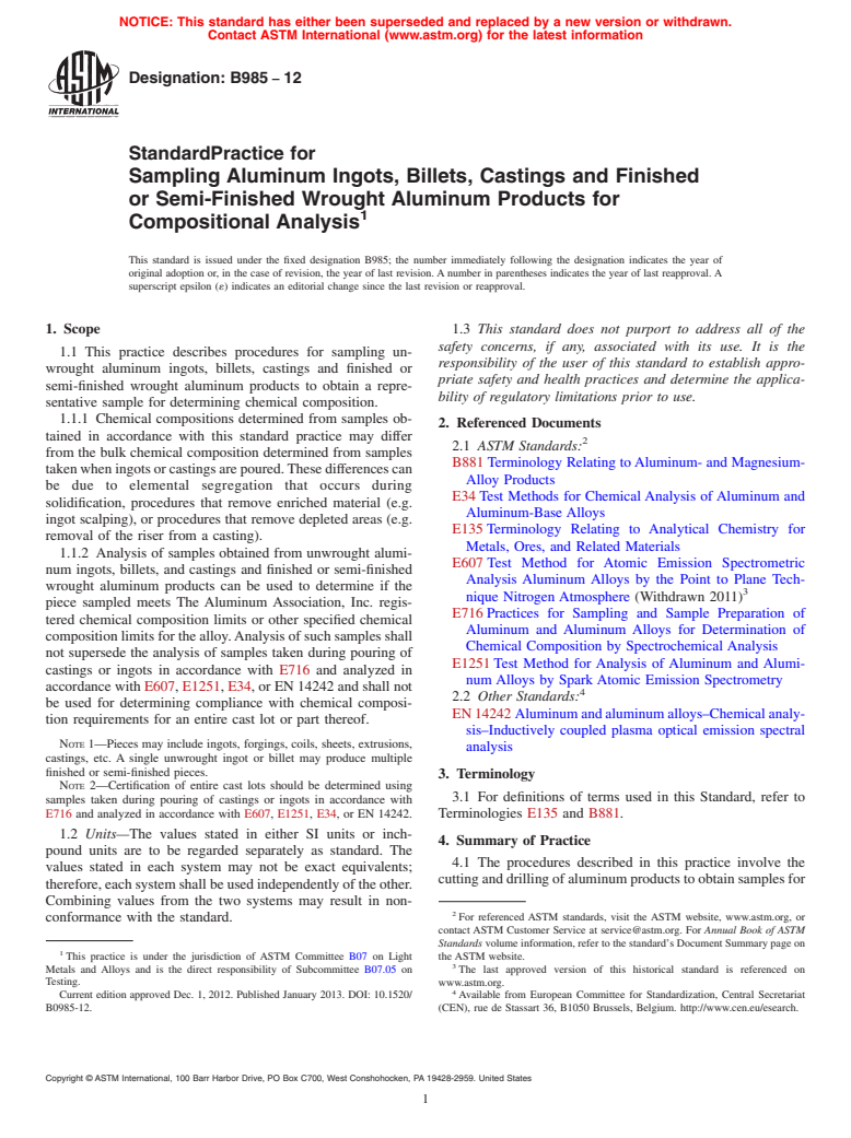 ASTM B985-12 - Standard Practice for Sampling Aluminum Ingots, Billets, Castings and Finished or  Semi-Finished Wrought Aluminum Products for Compositional Analysis