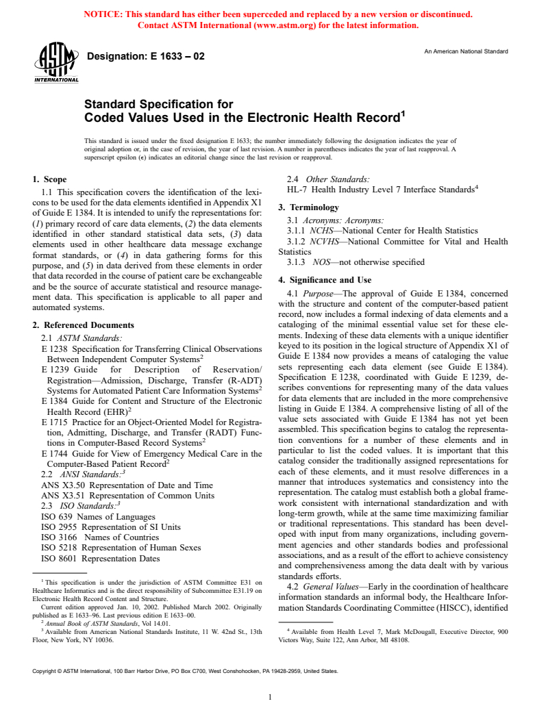 ASTM E1633-02 - Standard Specification for Coded Values Used in the Electronic Health Record