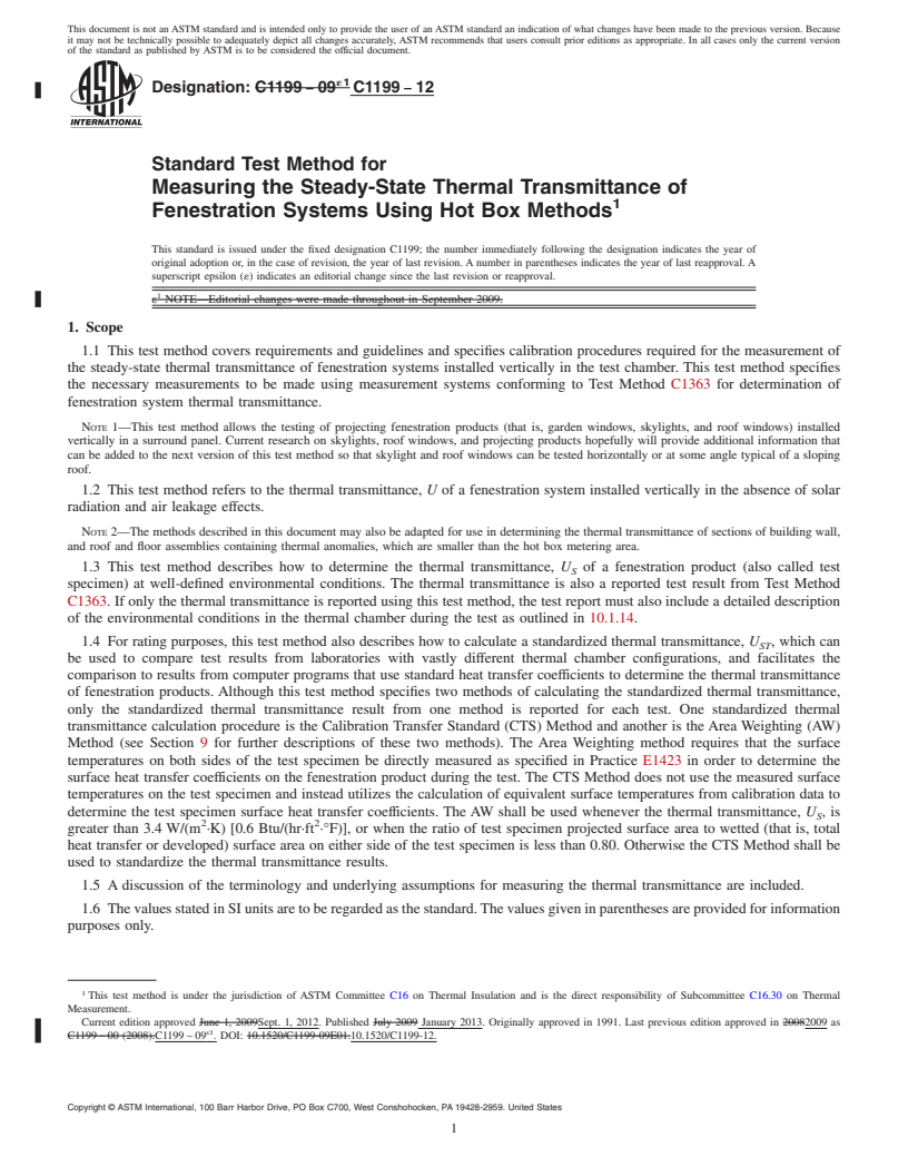 REDLINE ASTM C1199-12 - Standard Test Method for  Measuring the Steady-State Thermal Transmittance of Fenestration  Systems Using Hot Box Methods