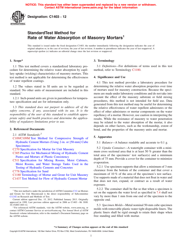 ASTM C1403-12 - Standard Test Method for  Rate of Water Absorption of Masonry Mortars