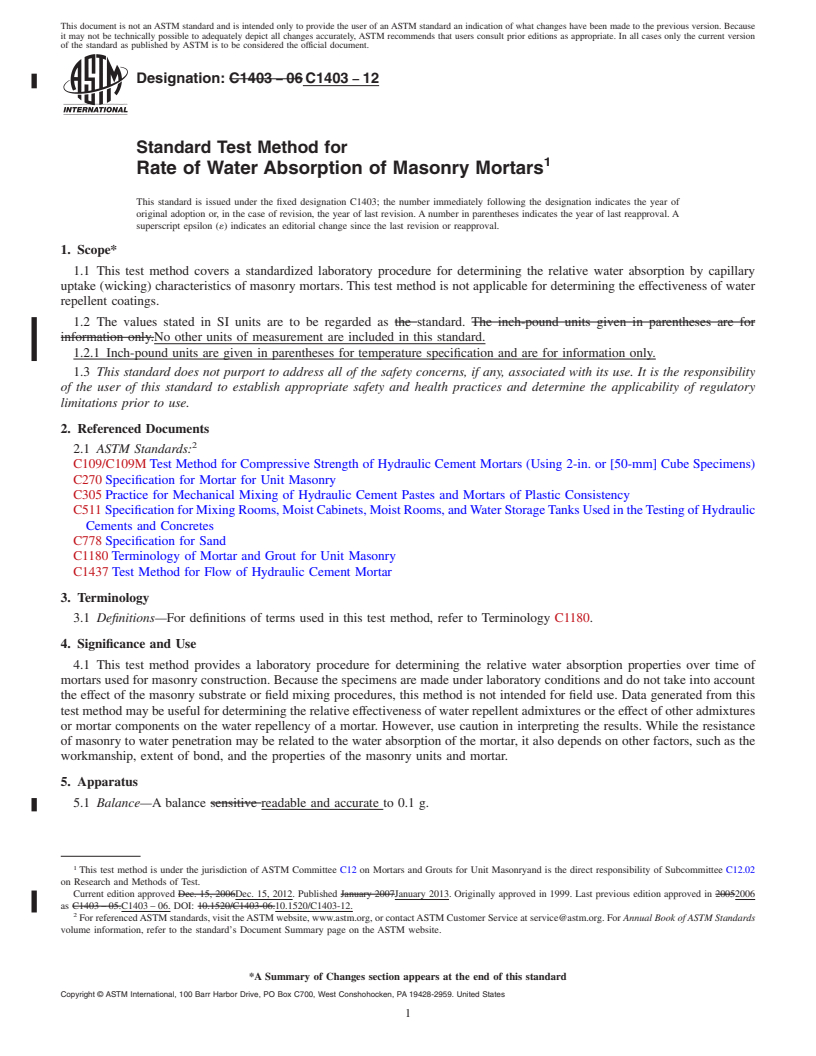 REDLINE ASTM C1403-12 - Standard Test Method for  Rate of Water Absorption of Masonry Mortars