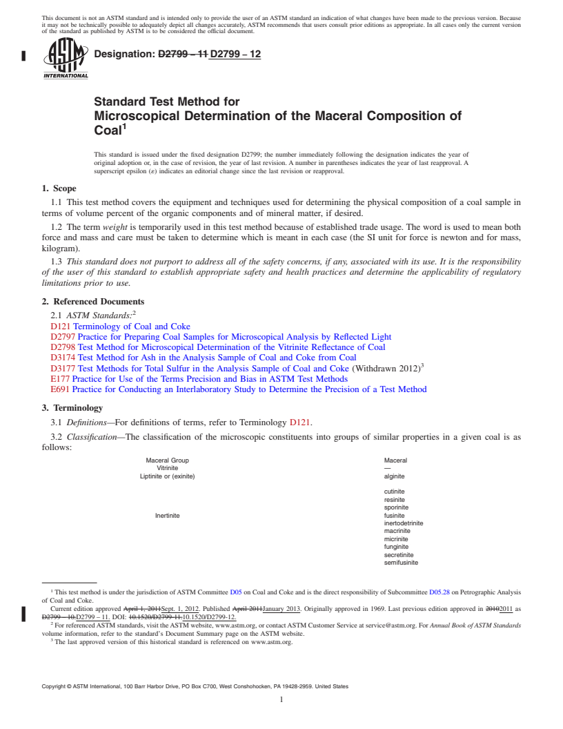 REDLINE ASTM D2799-12 - Standard Test Method for  Microscopical Determination of the Maceral Composition of Coal