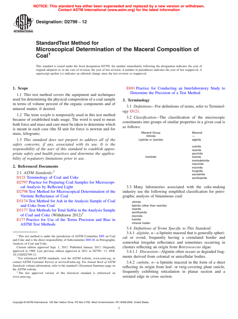 ASTM D2799-12 - Standard Test Method for  Microscopical Determination of the Maceral Composition of Coal