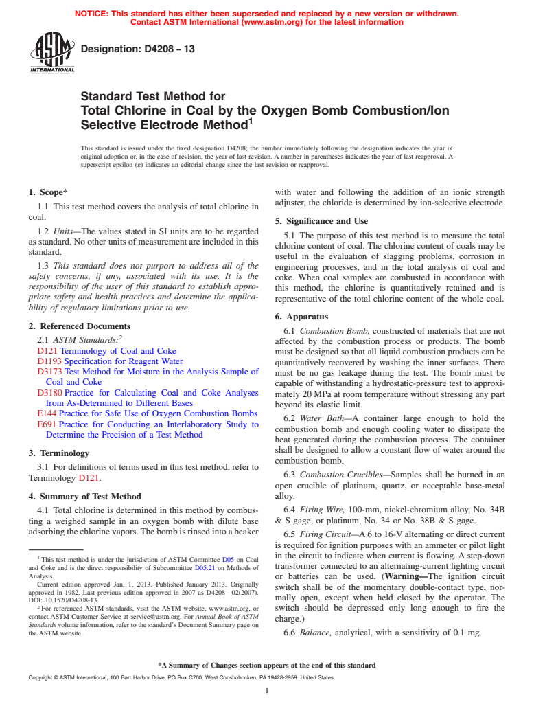 ASTM D4208-13 - Standard Test Method for Total Chlorine in Coal by the Oxygen Bomb Combustion/Ion Selective Electrode Method