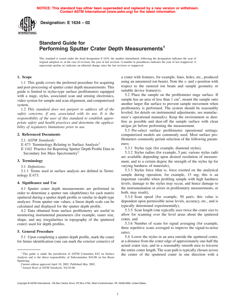 ASTM E1634-02 - Standard Guide for Performing Sputter Crater Depth Measurements