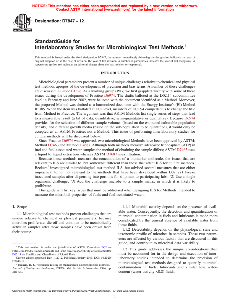 ASTM D7847-12 - Standard Guide for Interlaboratory Studies for Microbiological Test Methods