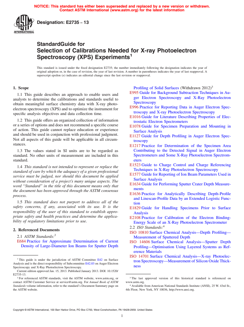 ASTM E2735-13 - Standard Guide for Selection of Calibrations Needed for X-ray Photoelectron Spectroscopy  (XPS) Experiments