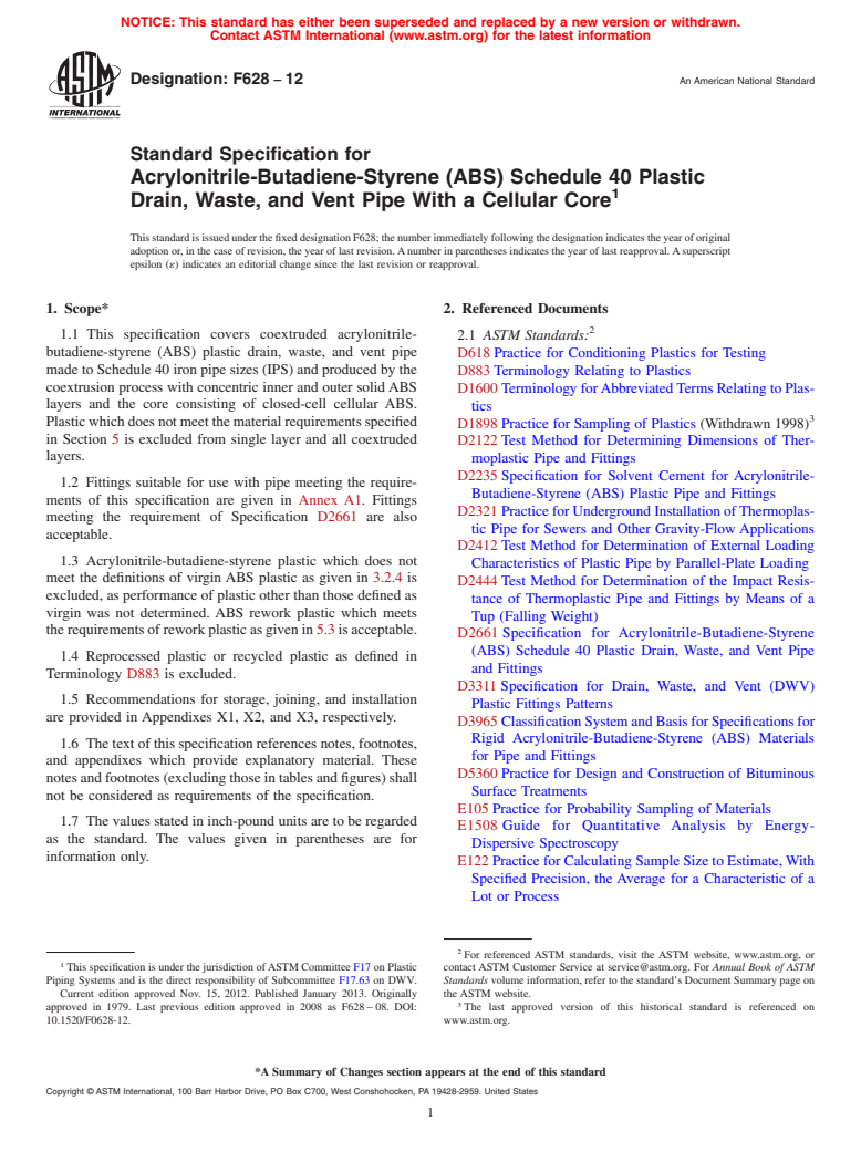 ASTM F628-12 - Standard Specification for  Acrylonitrile-Butadiene-Styrene (ABS) Schedule 40 Plastic Drain,  Waste, and Vent Pipe With a Cellular Core