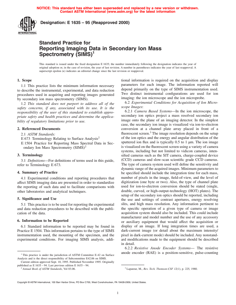 ASTM E1635-95(2000) - Standard Practice for Reporting Imaging Data in Secondary Ion Mass Spectrometry (SIMS)