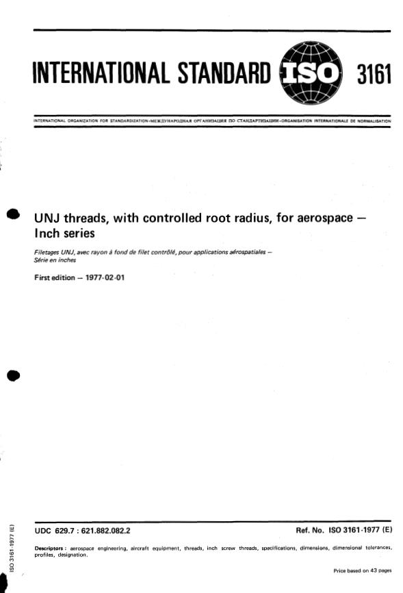 ISO 3161:1977 - UNJ threads, with controlled root radius, for aerospace -- Inch series