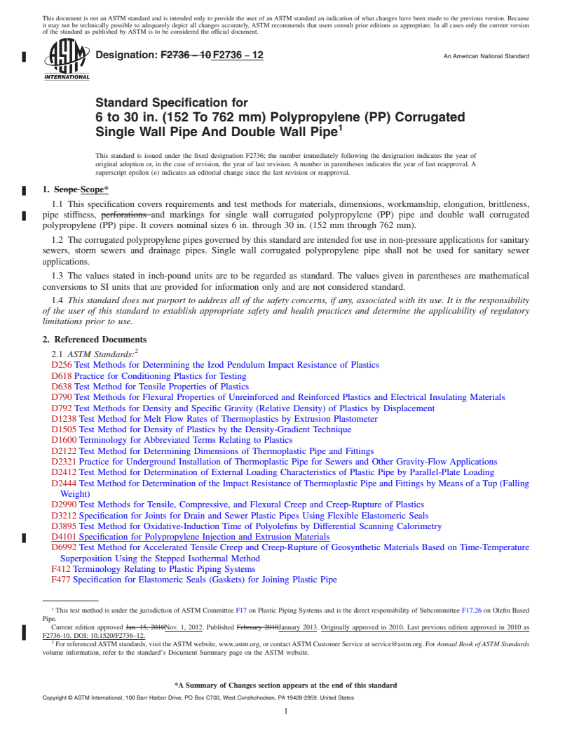 REDLINE ASTM F2736-12 - Standard Specification for  6 to 30 in. (152 To 762 mm) Polypropylene (PP) Corrugated Single   Wall Pipe And Double Wall Pipe