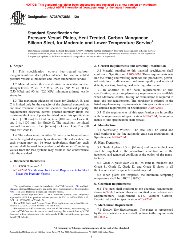 ASTM A738/A738M-12a - Standard Specification for  Pressure Vessel Plates, Heat-Treated, Carbon-Manganese-Silicon  Steel, for Moderate and Lower Temperature Service