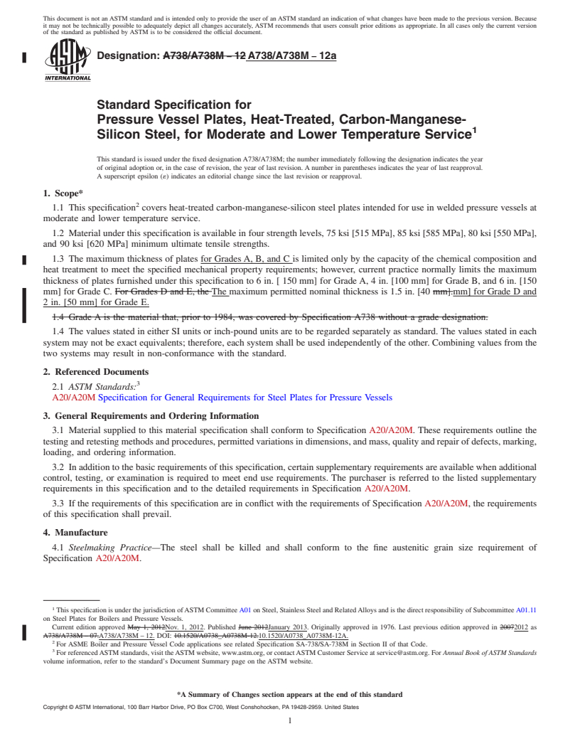 REDLINE ASTM A738/A738M-12a - Standard Specification for  Pressure Vessel Plates, Heat-Treated, Carbon-Manganese-Silicon  Steel, for Moderate and Lower Temperature Service
