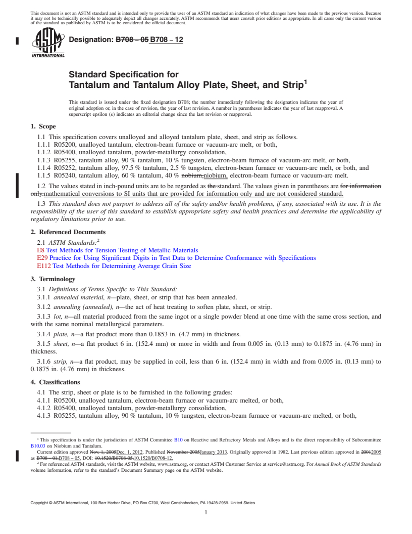 REDLINE ASTM B708-12 - Standard Specification for Tantalum and Tantalum Alloy Plate, Sheet, and Strip