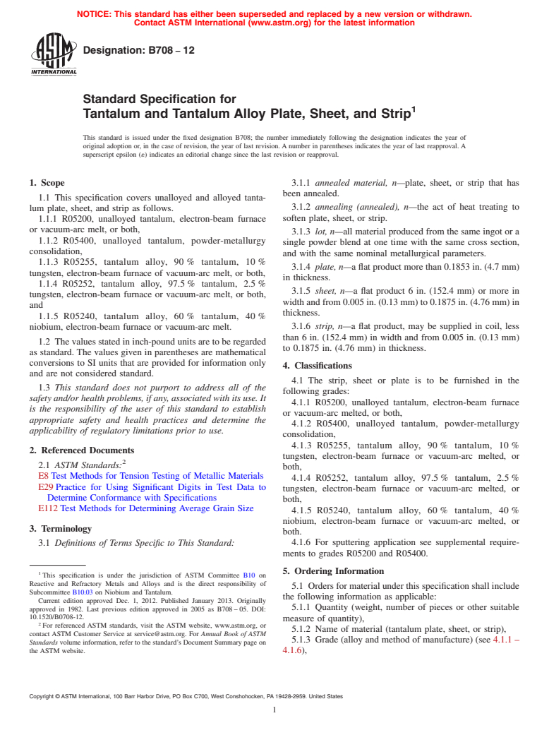 ASTM B708-12 - Standard Specification for Tantalum and Tantalum Alloy Plate, Sheet, and Strip