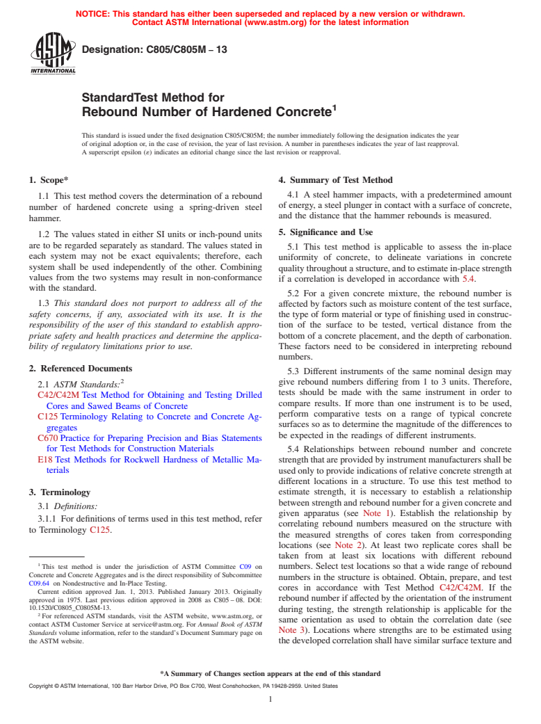 ASTM C805/C805M-13 - Standard Test Method for  Rebound Number of Hardened Concrete