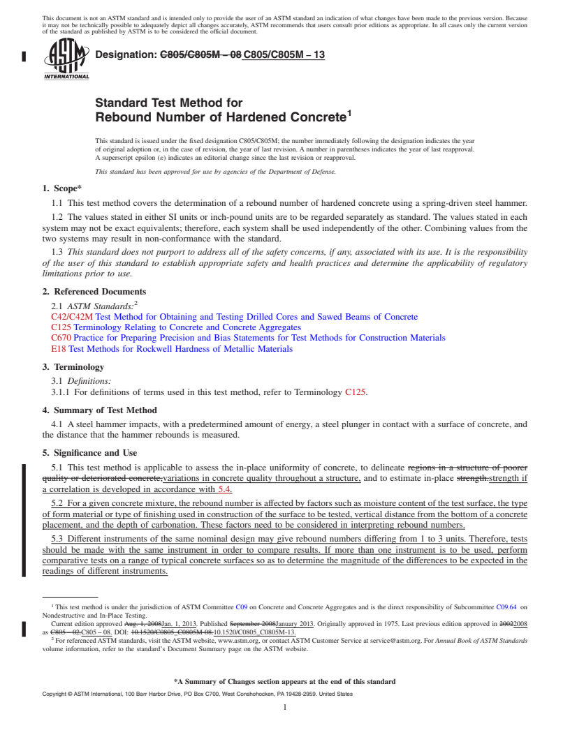 REDLINE ASTM C805/C805M-13 - Standard Test Method for  Rebound Number of Hardened Concrete