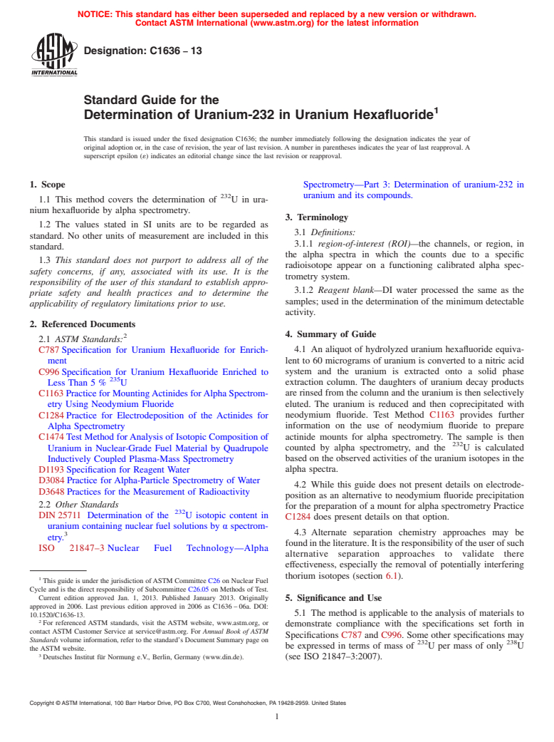 ASTM C1636-13 - Standard Guide for the  Determination of Uranium-232 in Uranium Hexafluoride