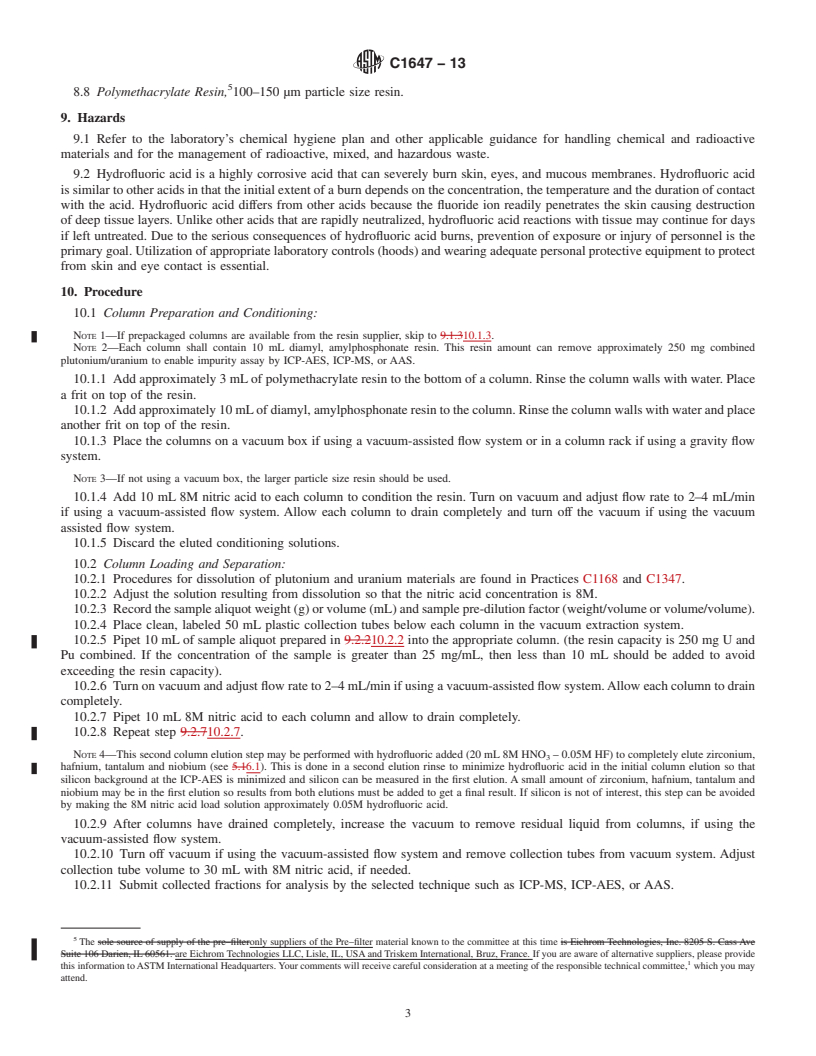 REDLINE ASTM C1647-13 - Standard Practice for  Removal of Uranium or Plutonium, or both, for Impurity Assay  in Uranium or Plutonium Materials