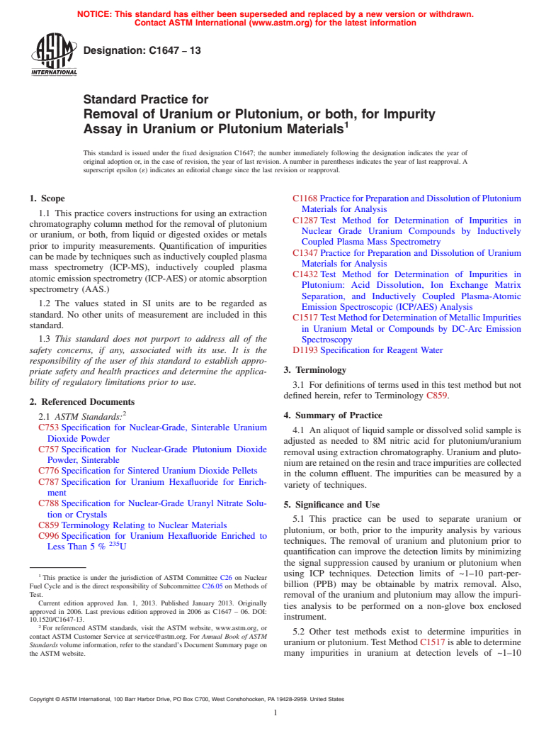 ASTM C1647-13 - Standard Practice for  Removal of Uranium or Plutonium, or both, for Impurity Assay  in Uranium or Plutonium Materials